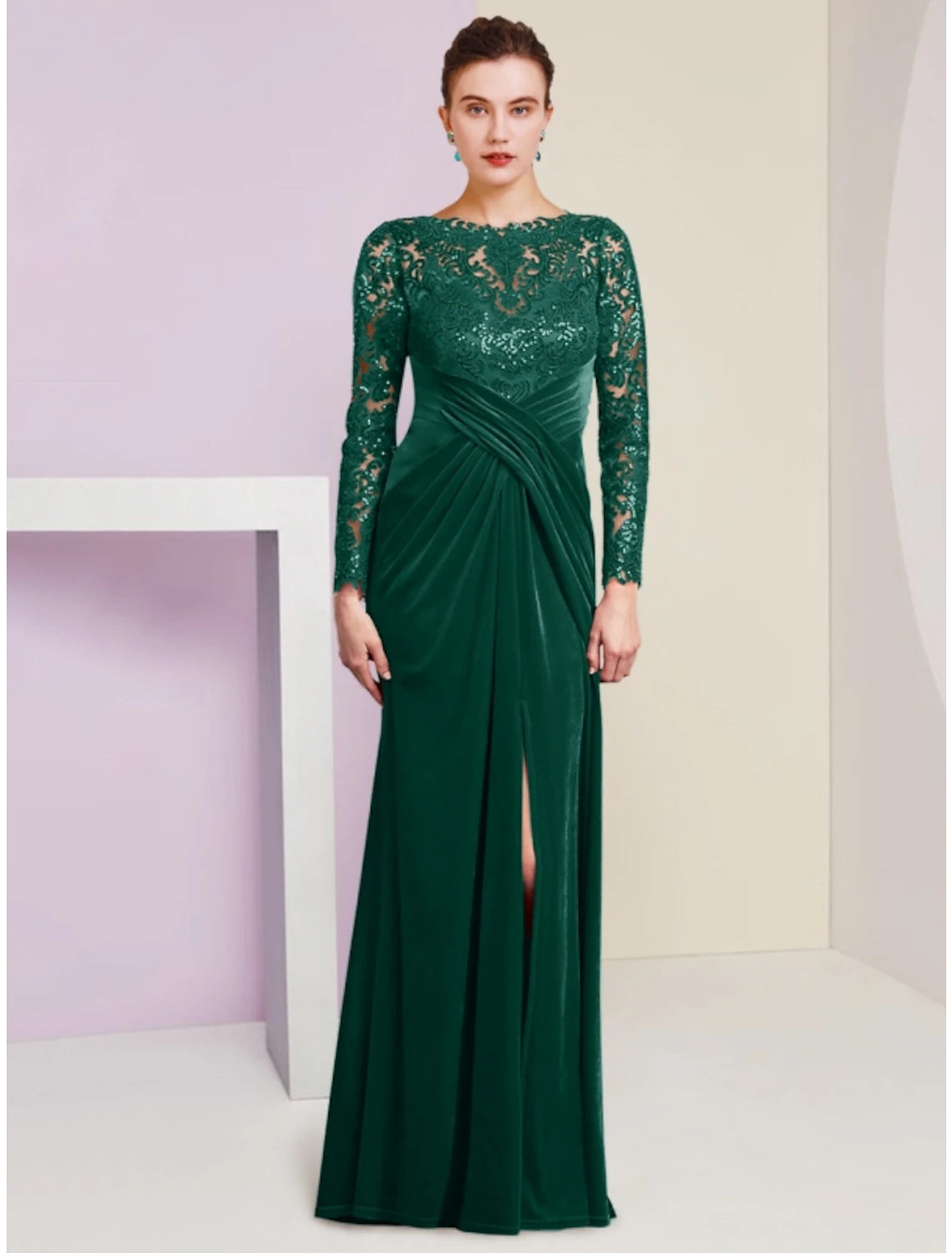 A-Linien-Kleid für die Mutter der Braut, für Hochzeitsgäste, Party, elegant, U-Ausschnitt, bodenlang, Samt, lange Ärmel mit Spitze, Pailletten, geteilte Vorderseite